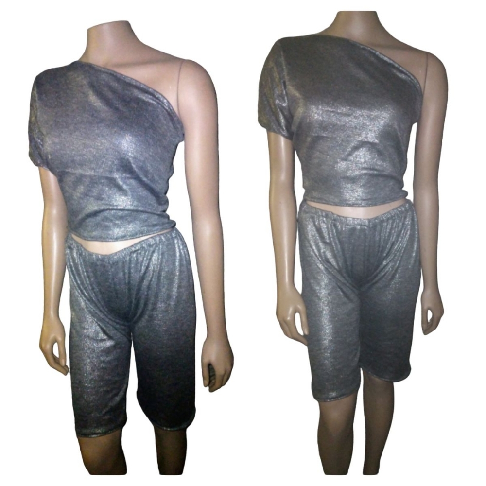 2 pc one shoulder top metallic biking shorts pant set size small